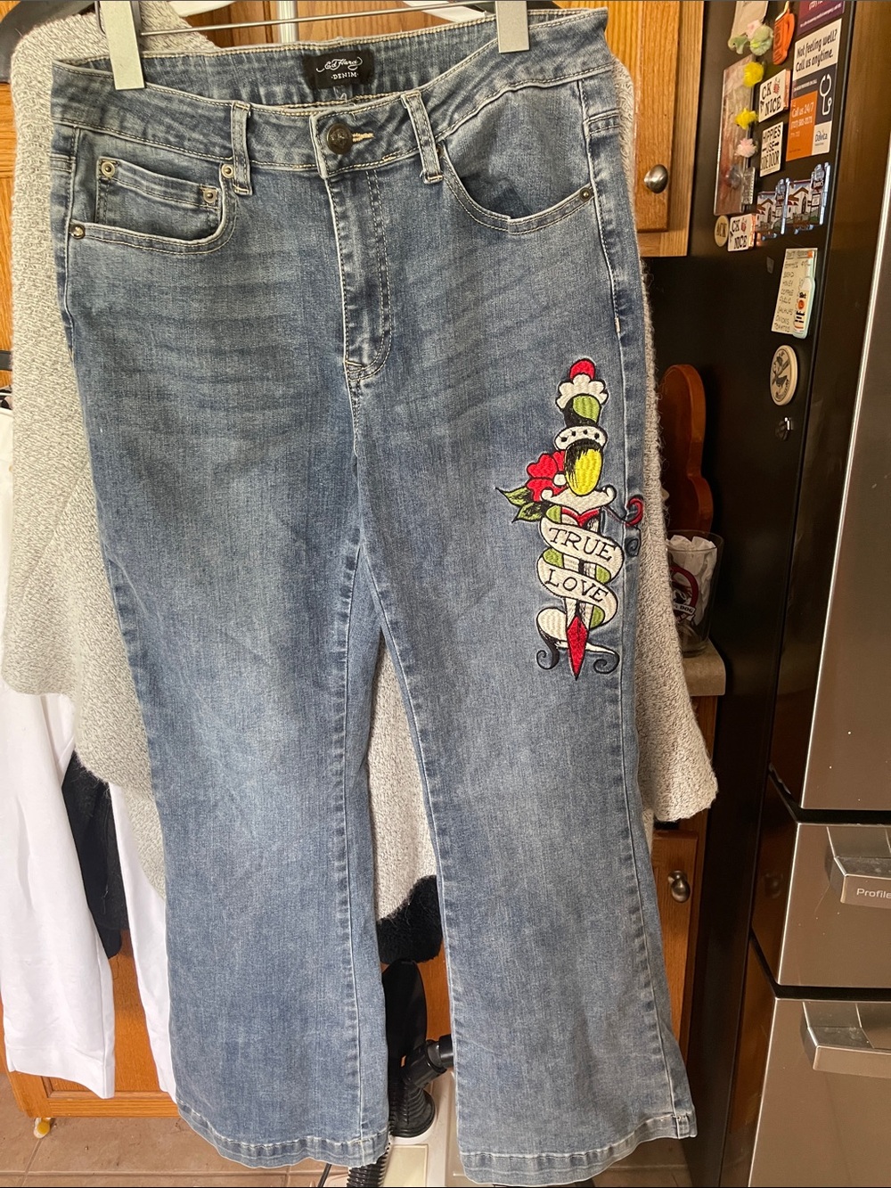 Ed Hardy Blue Embroidered Flare Jeans with Colorful Motifs 32” x 40”